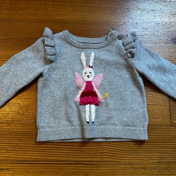 Gap gray pink bunny fairy knit ruffle crew sweater SIZE 6-12M - Picture 1 of 4